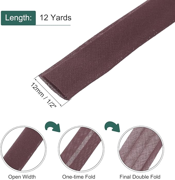 MECCANIXITY 1/2 Inch Double Fold Bias Tape Continuous Bulk Cotton Bias Tape for Sewing Seaming Quilting Hemming Binding Crafts (Brown 12 Yards)