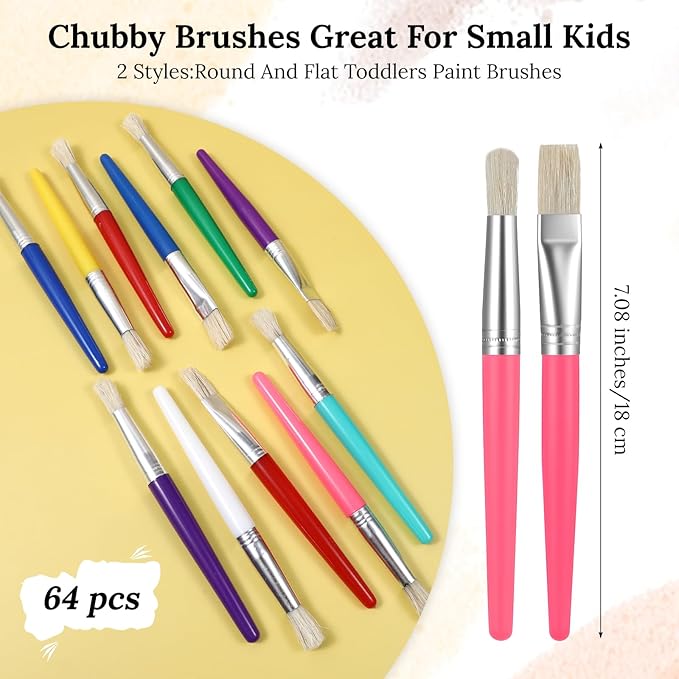 64Pcs Paint Brushes, Paint Brushes with Bristle, Round & Flat Paintbrushes, Easy Hold and Clean Toddler Paintbrushes, Big Washable Chubby Painting Brush for Acrylic Oil Watercolor Gouache