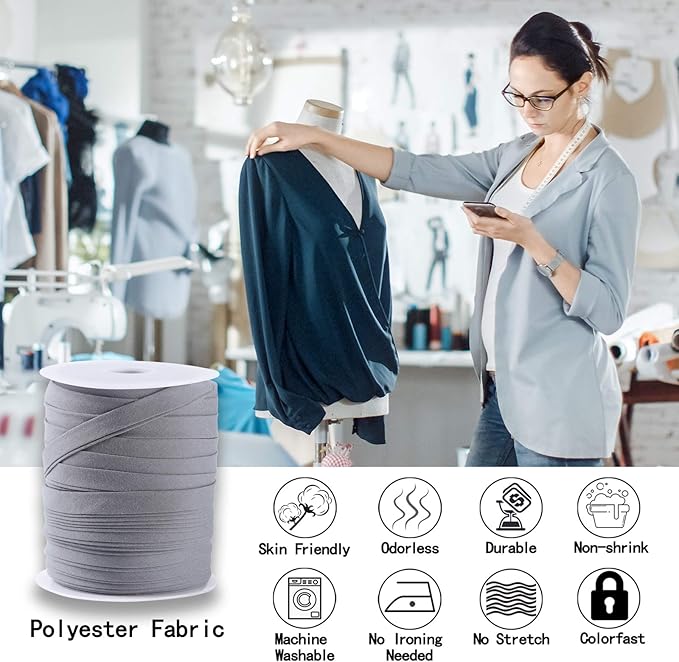 Bias Tape Double Fold 1/2 inch, Double Fold Bias Binding Tape 55 Yards (Gray) and 4 Pieces Sewing Fabric Chalks for Crafts, Sewing, Seaming, Hemming, Piping, Quilting.