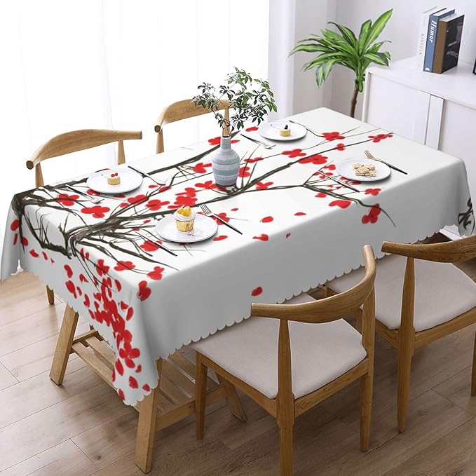 Japanese Cherry Rectangle Tablecloth Ink Painting Flower Blossom Cherry Red Table Cloth Dining Table Cover for Home Kitchen Restaurant Party Buffet Picnic 54 x 72 Inch