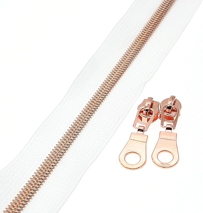 #5 Rose Gold Metallic Nylon Coil Zipper by The Yard, Bulk 10 Yards White Tape with 25PCS Rose Gold Zippers Pulls for Sewing, Bags, Purses YIGUANXIN