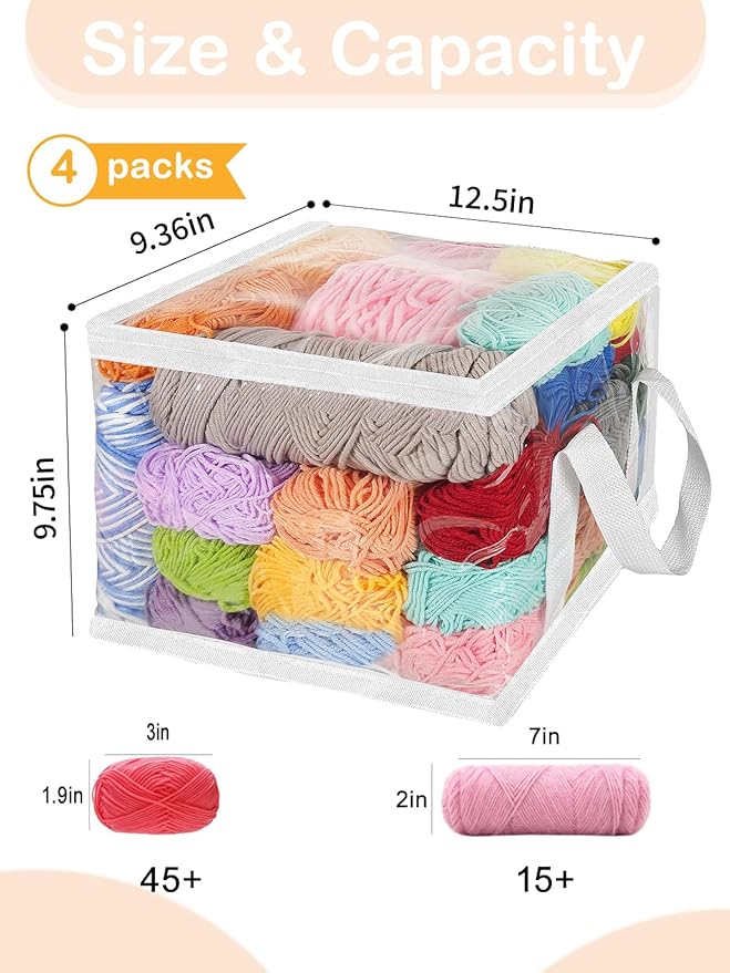 Yarn Storage Bags - Clear Yarn Storage Organizer, Metal Zipper Closure, PVC & Nylon Storage Bag for Knitting, Crochet, Toys, 4 Packs