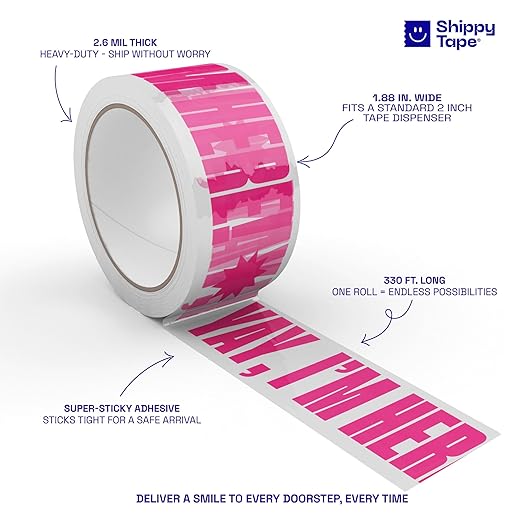 Fun Decorative Packing Tape for Small Business - Cute Designer Printed Packaging and Shipping Tape - 1.88" x 110 Yards (330 feet) - Yay, I'm Here! Clear Hot Pink,