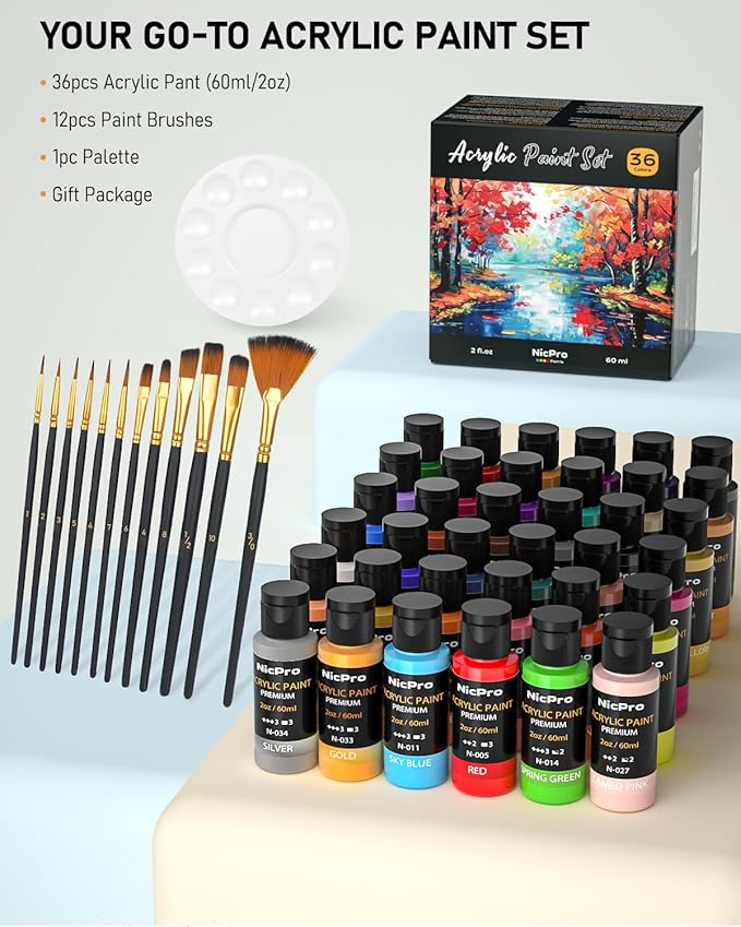 Nicpro 36 Colors Acrylic Paint Set with 12 Brushes & Palette, Non Toxic Art Supplies Kit for Fabric Painting, Canvas, Clay, Wood, Rock & Ceramic, Rich Pigments for Adults, Beginners, Professional Artist (2 oz, 60 ml)