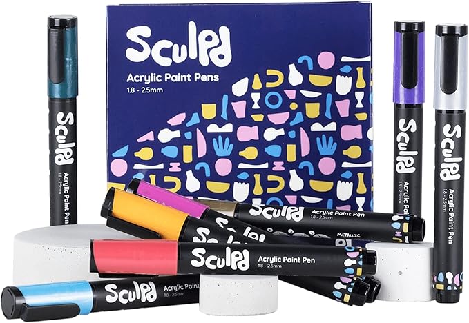 Sculpd Acrylic Paint Pens Set, Metallic, Premium Fine Tips for Painting Pottery, Wood, Cardboard, Paper, Glass & Most Other Surfaces, 8 Vibrant Colors for Arts & Crafts