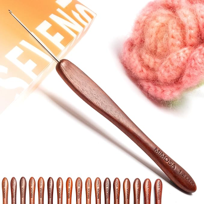 SEVENSUN Mimosa 1.2mm Single Crochet Hook, Available in 0.6mm-6.5mm, Ergonomic Hand Polished Stainless Steel Inline Pointy Wood Handle Crochet Hook for Arthritic Hands