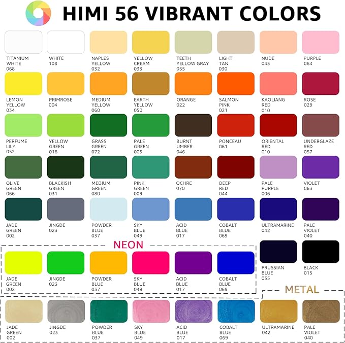 HIMI Gouache Paint Set, 56 Colors x 30ml/1oz, Contains Metallic and Fluorescent Colors, Jelly Cup Design, Non-Toxic, Guache Paint for Canvas and Watercolor Paper - Perfect for Beginners, Students