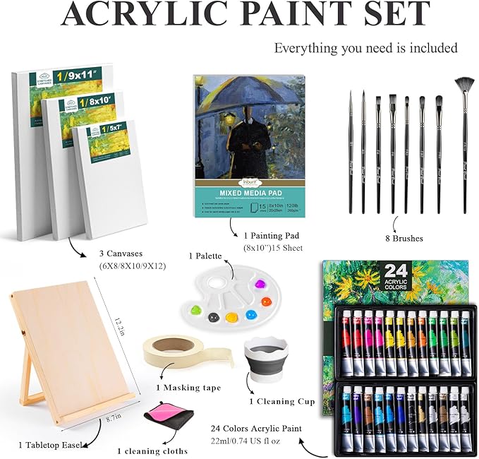 Acrylic Art Set, Painting Supplies Kits with 24 Acrylic Paints(22ml), 8 Brushes,1 Wooden Easel,1 Palette etc, Paint Kit for Kids,Adults and Artists