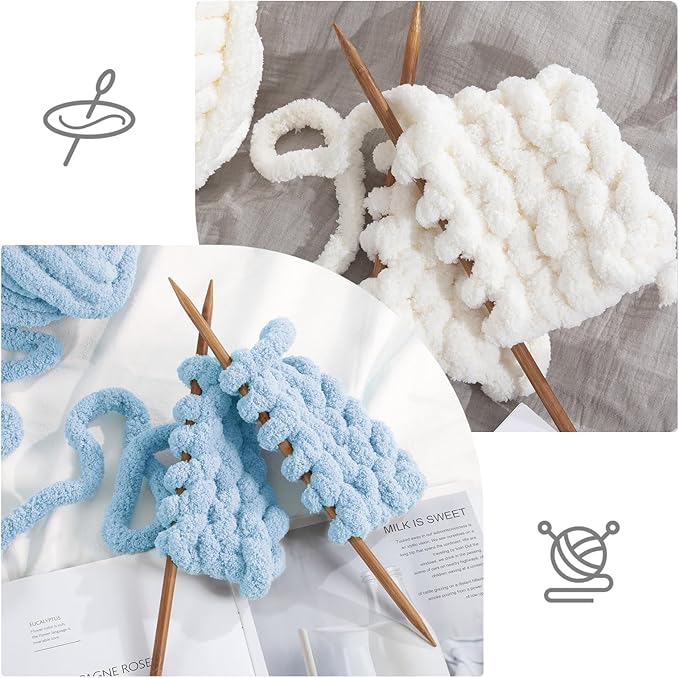 HOMBYS 8 Pack Assorted Chunky Yarn for Crocheting,Super Bulky Large Soft Fluffy Yarn,Plush Fuzzy Yarn,Thick Chenille Yarn for Hand Knitting/Arm Knitting,4 Cream & 4 Sky Blue(27yds,8 oz Each Skein)