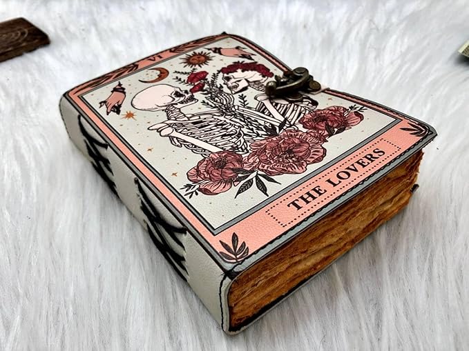 Book of Spells Leather Journal Deckle Edge Paper Grimoire Printed Journal The Lovers Tarot Notebook Spiral Gothic Notebook Skull lover Antique Vintage Leather Journals for Men and Women