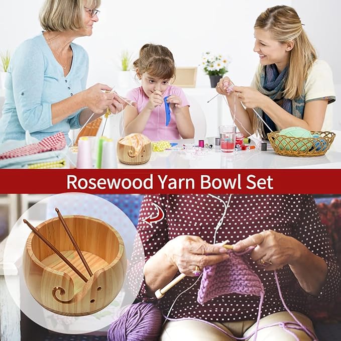 Wooden Yarn Bowl with Bamboo Crochet Hooks, Knitting Accessories DIY Hand Craft Yarn Holder Dispenser Storage Bowl for Skeins, Birthday Gifts for Crocheters Knitting Lovers(Color:Varnish Color)