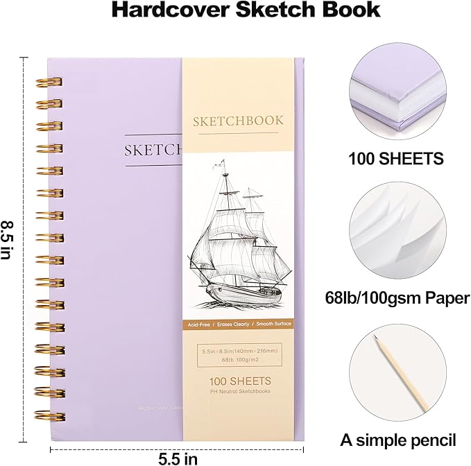 Yoment 2 Pack 5.5" x 8.5" Sketchbook for Drawing Small Spiral Bound Sketch Pad for Kids Hardcover Sketch Book(68lb/100gsm) Artist Drawing Blank Notebook for Painting with Pencil, Pink&Purple