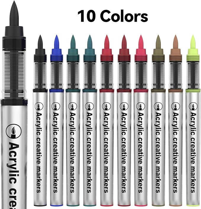10 Color Acrylic Paint Markers Brush Tip, Waterproof, No-Bleed Ink with Automatic Ink Control, Premium Paint Pens for Rock, Wood, Canvas, Glass, Fabric for Professional and Adult Artists
