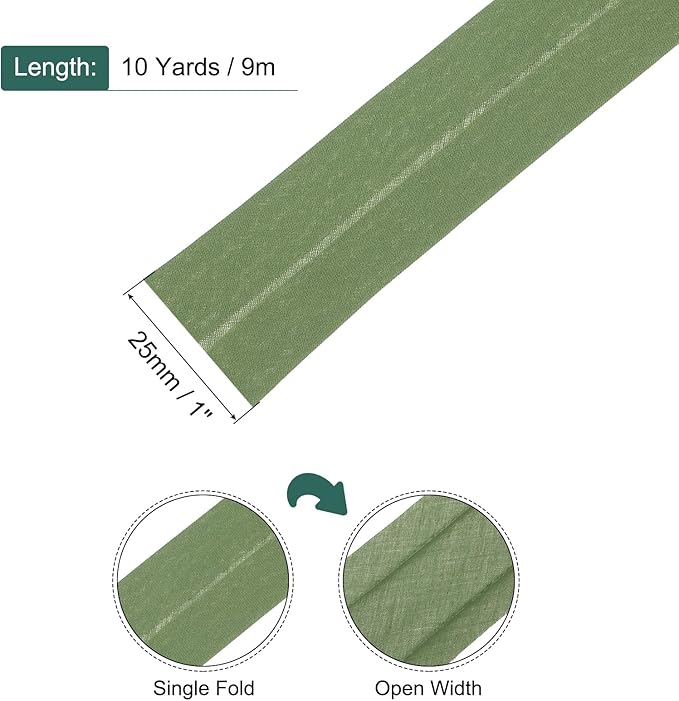 MECCANIXITY 1 Inch Single Fold Bias Tape Cotton Continuous Bulk Bias Tape for Sewing, Seaming Quilting Hemming Binding Crafts (Light Green 10 Yards)