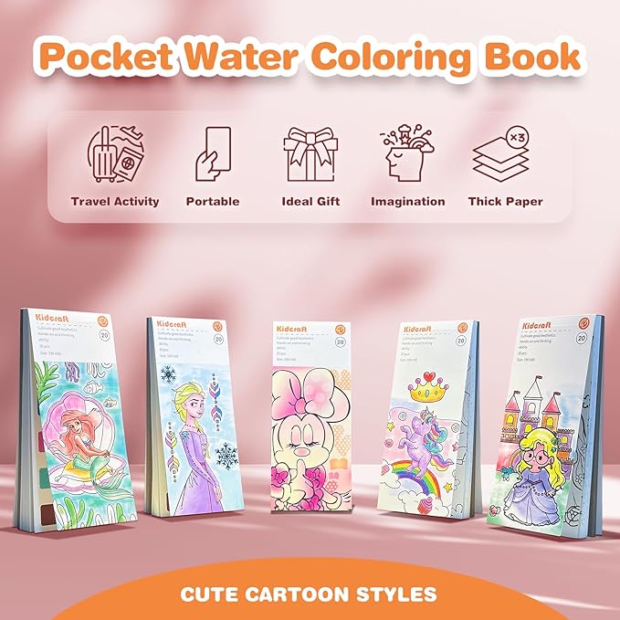 Paint with Water Coloring Books for Kids, Princess Pocket Mess Free Watercolor Painting Kit, Water Color Paint Set Arts and Crafts Gift for Girls Ages 4 5 6 7 8+, Travel Activity Toy