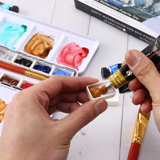 LOONENG Empty Watercolor Palette, Empty Watercolor Tin with Fold Out Palette, Medium Colorful Watercolor Tray Palette with 14 Empty Full Pans for Plein Air Painting and Sketching