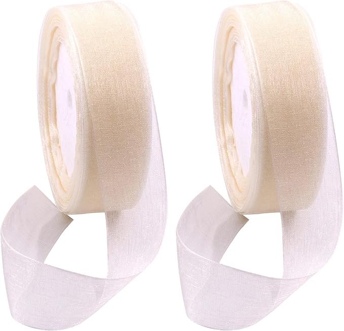 Swpeet 2 Rolls 50 Yards x 1 Inch Beige Shimmer Sheer Fabric Ribbons Organza Ribbon, Transparent Sheer Ribbon Chiffon Fabric Ribbons for Bouquets Wedding Birthday Decoration