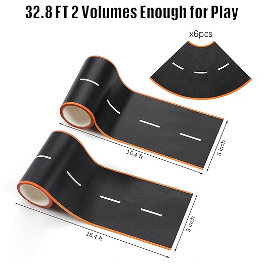 HFKPJRT 3 Inch Road Tape for Kids, Black Residue Free Road Tapes for Toy Cars, 2 Rolls Roadway Tape with Curves, Race Car Track Tapes for Kids Birthday Party Racing Party Decoration, 32.8 FT Long
