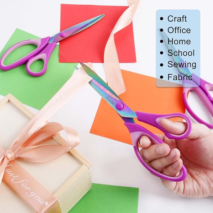8.5" Scissors All Purpose, Multipurpose Office Scissors Set of 3 Pack, Titanium Coating Sharp Blade, Soft Comfort-Grip, Ideal for Fabric, School, Home, Craft & Sewing, Right/Left Handed, Purple