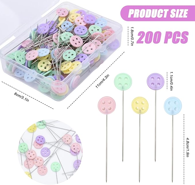 200pcs Colored Sewing Pins for Fabric Flat Head Straight Pins with Storage Box Quilting Pins Fixed Sewing Marker Needle for Dressmaker,Sewing Project,Jewelry Making, DIY Craft (Button)
