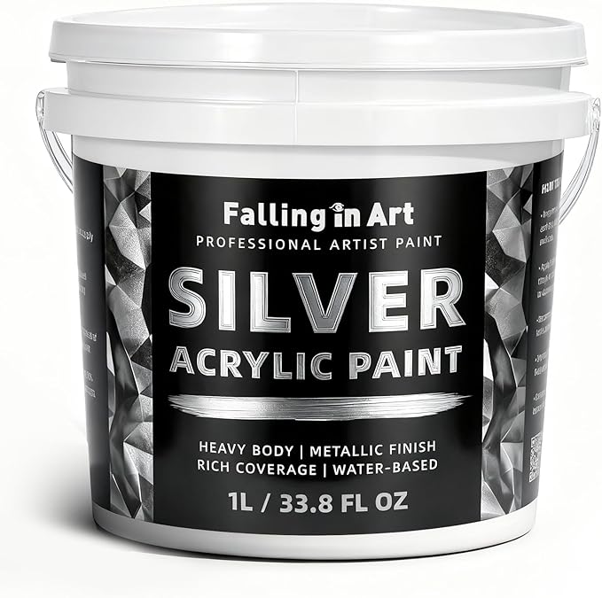 Falling in Art Silver Metallic Acrylic Paint, 33.8 Oz Heavy Body Silver Leaf Paint, Non-Toxic Art Paints for Metal, Furniture, Canvas, and DIY Crafts