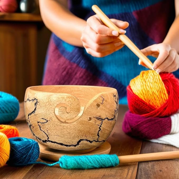 Prime Art Wooden Yarn Bowl for Crochet and Knitting - Large Bowl (Black)