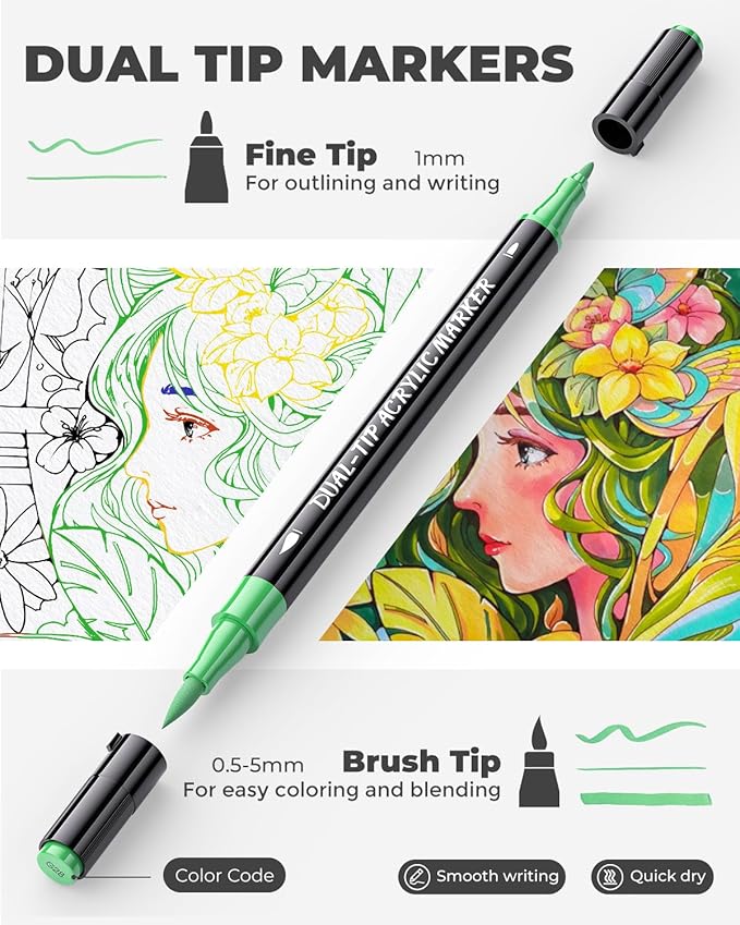 JusArt 72 Colors Acrylic Paint Markers Set with Canvas Bag, Dual Tips with Brush Tip & Fine Tip, No-Bleed, Waterproof, Non-Toxic & Odorless Paint Pens for Rock, Egg, Wood, fabric, Glass, Ceramic, DIY
