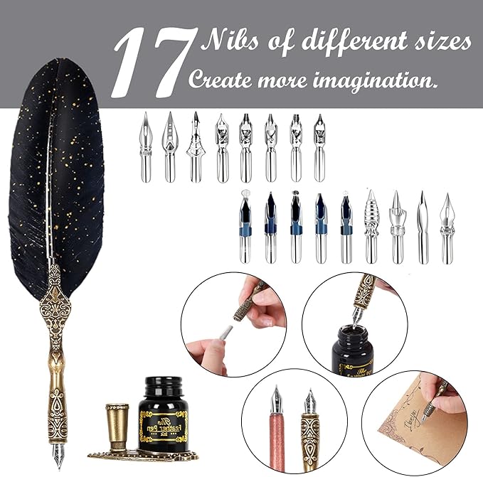 Quill Pen Ink Set,Includes Feather Pen and wooden dip pen, Ink,17 Replacement Nib,Pen Nib Base,3 Wax Seal Sticks,Stamp,White Wax,Spoon, Envelope Letter Paper,envelope tool (Black)