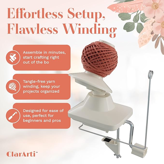 ClarArti Yarn Ball Winder for Crocheting, Knitting, & Other Yarn Crafts | Quick, Quiet, Creates Yarn Balls & Yarn Cakes | Medium Capacity, Can Handle Average Size Yarn Skeins (White)