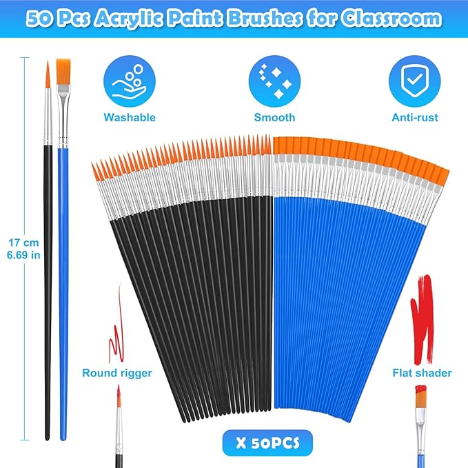 70Pcs Paint Brushes Small, Flat and Round Tip Paint Brushes for Kids Classroom Craft Nylon Hair Paint Brush for Acrylic Water Color Canvas Face Painting