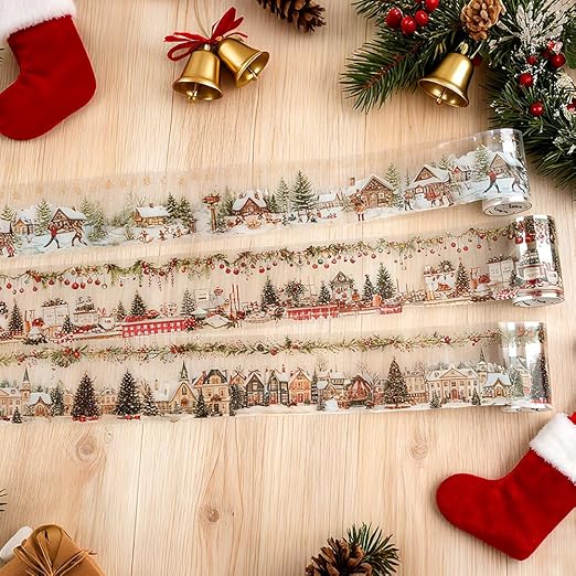 3 Rolls Christmas Washi Tape Set, 65mm x 2m PET Scrapbook Tape Christmas Stickers for Scrapbooking Supplies Winter Xmas Landscape Washi Tape Scrapbook Stickers for Journaling Washitape Masking Tapes