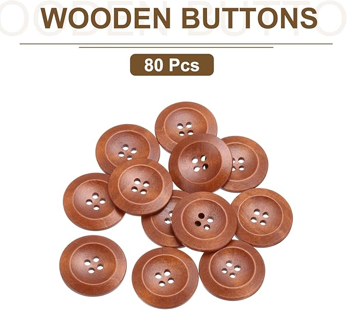 uxcell 80Pcs Wooden Buttons, 38mm(1 1/2") 4 Hole Round Wood Sewing Button Craft for Sewing DIY Craft Clothing, Red Brown