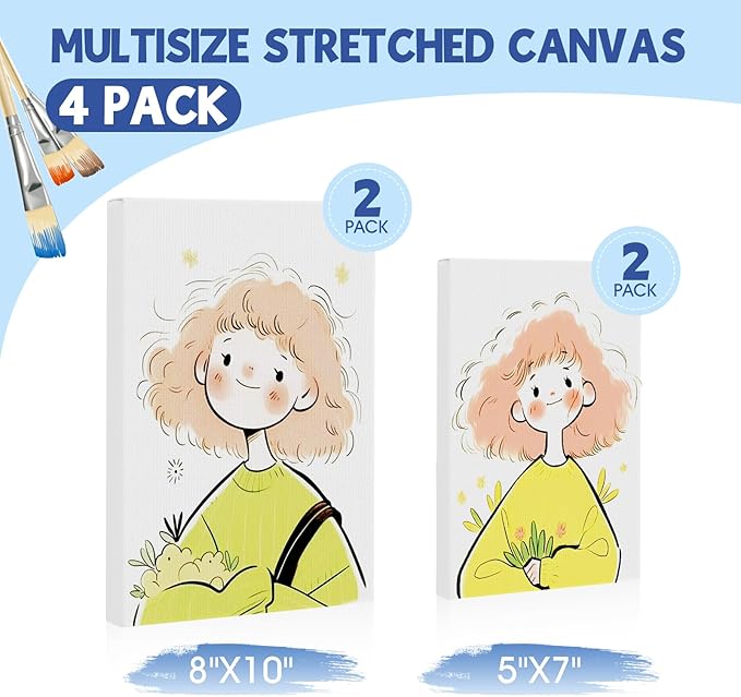 FUMILE Stretched Canvas for Painting, Canvases for Painting Multi 4 Pack 5x7,8x10 (2 of Each), Cotton Primed Acid Free Blank Canvases for Painting for Oil Paint, Acrylic Paint, Gouache and Tempera.