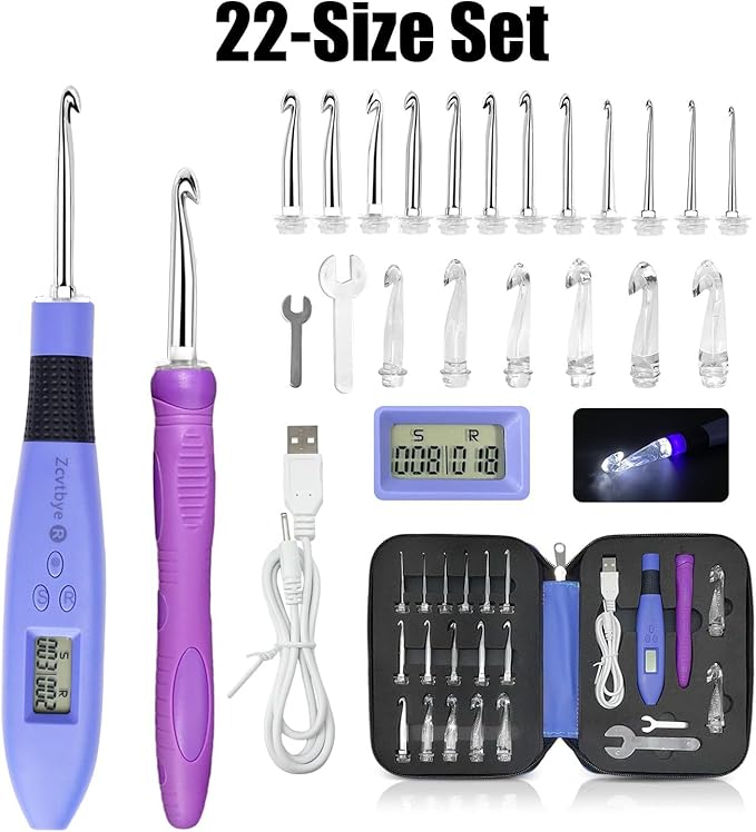 Light up Crochet Hook Set with Stitch Counter Crochet Kit with 22 Different Size Interchangeable Crochet Needle,Ergonomic with 2 Levels Led and Digital Stitch Counter for Crocheting and Knitting