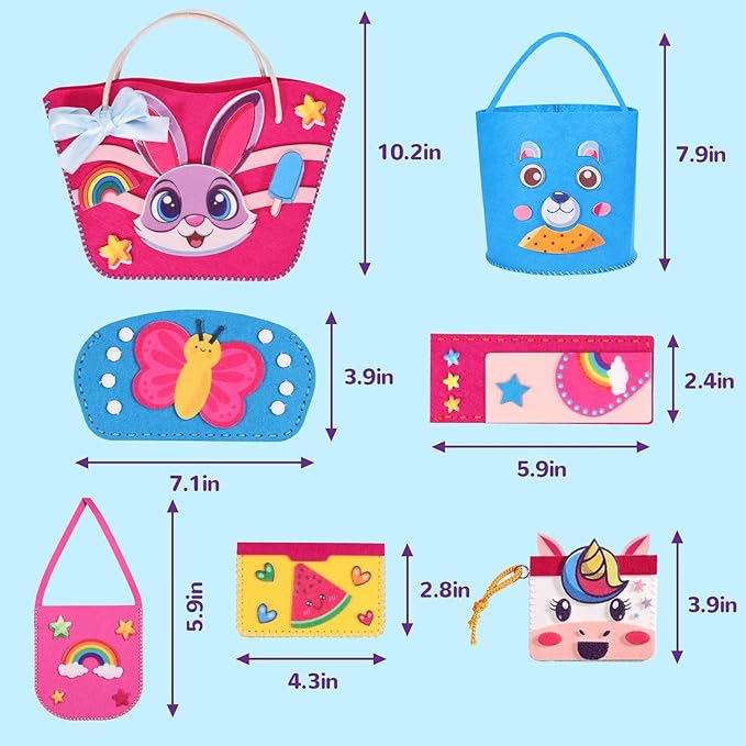 MGparty Sewing Kit for Kids, DIY Beginner Sewing Kit with 7 Cute Cartoon Bags Purses to Make Unicorn, Bunny, Bear, Rainbow Crafts for Girls Boys Educational Sewing Toy Gift