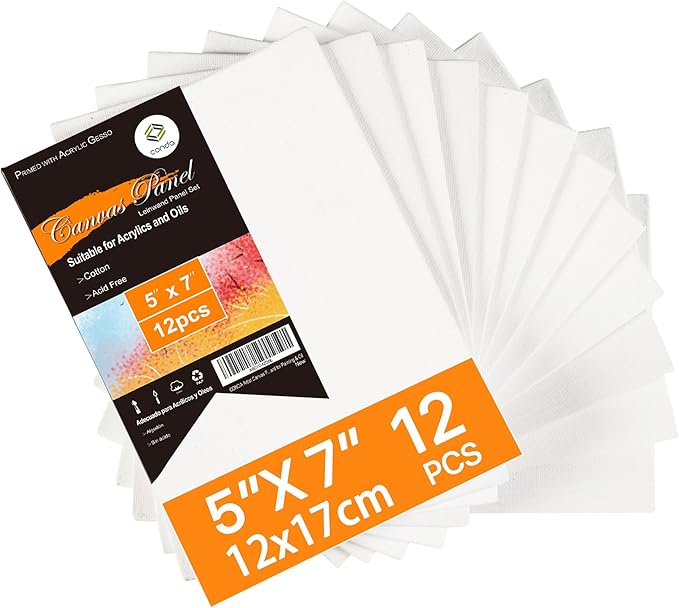 Canvas Board for Painting 12 Pack, 5 x 7 Inch Canvas Panels, Primed White Blank Canvases, 100% Cotton Art Canvas for Acrylic Oil Watercolor Tempera Paints