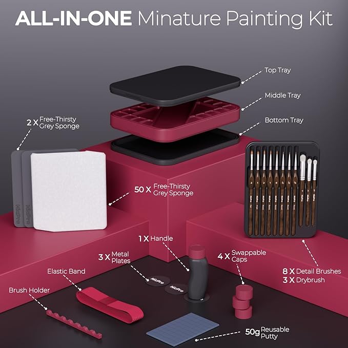 Nicpro Professional Miniature Painting Kit with Wet Palette, Miniature Painting Handle & 11PCS Detail Paint Brushes Drybrush, Sponge, Pallet Paper, Brush Holder Mixing Paint Saver Palette