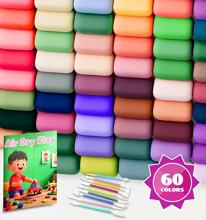 Air Dry Clay for Kids, 60 Colors Air Dry Modeling Clay, Molding Clay for Sculpting,Non-Sticky Soft, Sculpting Tools Guide, Arts Crafts for Kids Ages 8-12