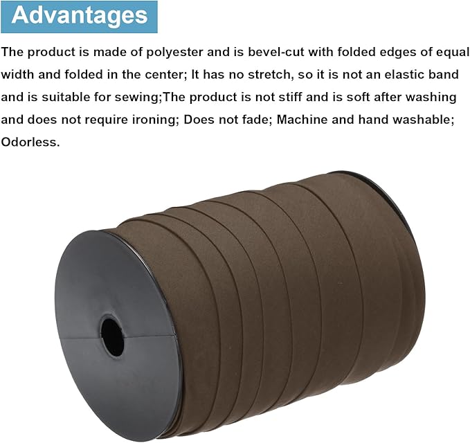 MECCANIXITY 1 Inch Double Fold Bias Tape Polyester Continuous Bulk Bias Tape for Sewing,Seaming Quilting Hemming Binding Crafts (Dark Brown 55 Yards)