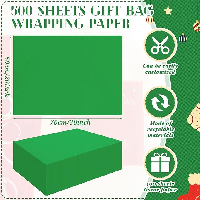 Qilery 500 Sheets Dark Green Tissue Paper Bulk for Gift Bags 20 x 30 Inch Acid Free Decoupage Packaging Wrapping Paper Sheets for Mardi Gras St. Patrick's Day Decoration DIY Crafts, Packing Supplies