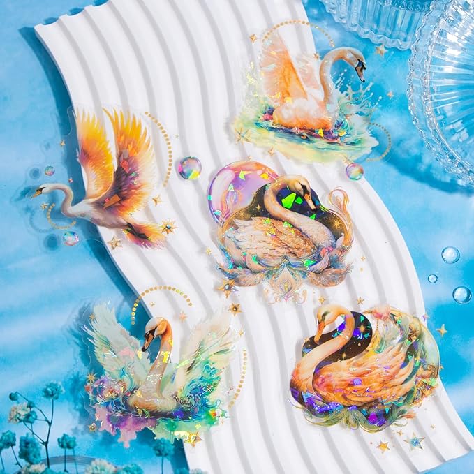 Yoksas Holographic Shiny Fantasy Starry Swan Stickers - 60Pcs Waterproof Clear Glitter Aesthetic Scrapbook Stickers for Junk Journals,Planner,Resin Art Supplies
