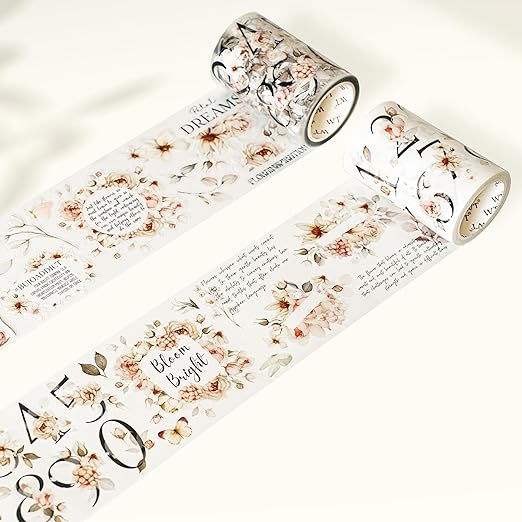 WT Pre-Cut Rosé Scripts Wide Washi Tape, Single Roll, Original Designs, Blush Floral & Handwritten Script, Japanese Decorative Paper Tape, Junk Journal Scrapbook Bujo Planner DIY Craft Supplies