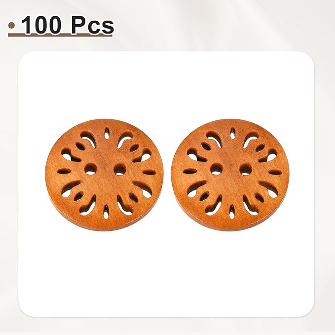 HARFINGTON 100pcs 2 Hole Flower Craft Sewing Button 25mm Handmade Wood Replacement Round Buttons for Clothing Decoration DIY Accessories, Brown