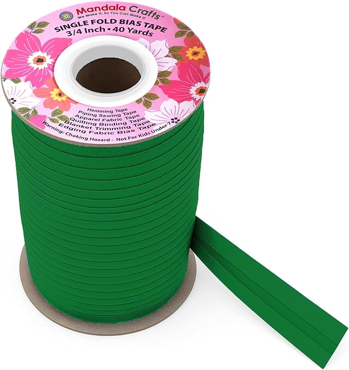 Mandala Crafts 3/4 Inch Single Fold Bias Tape for Sewing, Quilting, Piping, Hemming, Blanket & Quilt Binding – 40 Yards Green Fabric Seam Binding Tape
