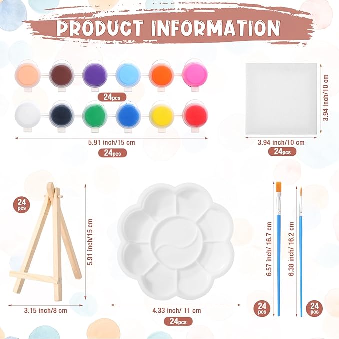 Qilery 24 Set 4 x 4 Inch Mini Canvas Panels and Easel Painting Kit, 12 Colors Acrylic Strips Brush Palettes, Art Painting Kits for Artists Beginners Oil Acrylic Craft Party Favors