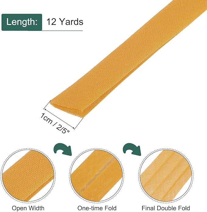 MECCANIXITY 2/5 Inch Double Fold Bias Tape Continuous Bulk Bias Tape for Sewing, Seaming Quilting Hemming Binding Crafts (Dark Yellow 12 Yards)