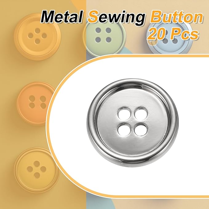 HARFINGTON 20pcs Metal Sewing Button, 18mm 4-Hole Round Suit Shirts Coats Clothes Sewing Buttons for Decoration Craft, Silver