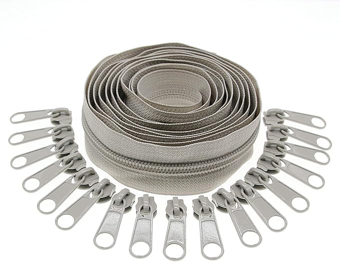 Leekayer #5 Gray Nylon Coil Zippers by The Yards Bulk 10 Yards with 25pcs Sliders for DIY Tailor Sewing Craft,Bag,Luggage,Dress,Sofa Cushion,Pillow(Grey)