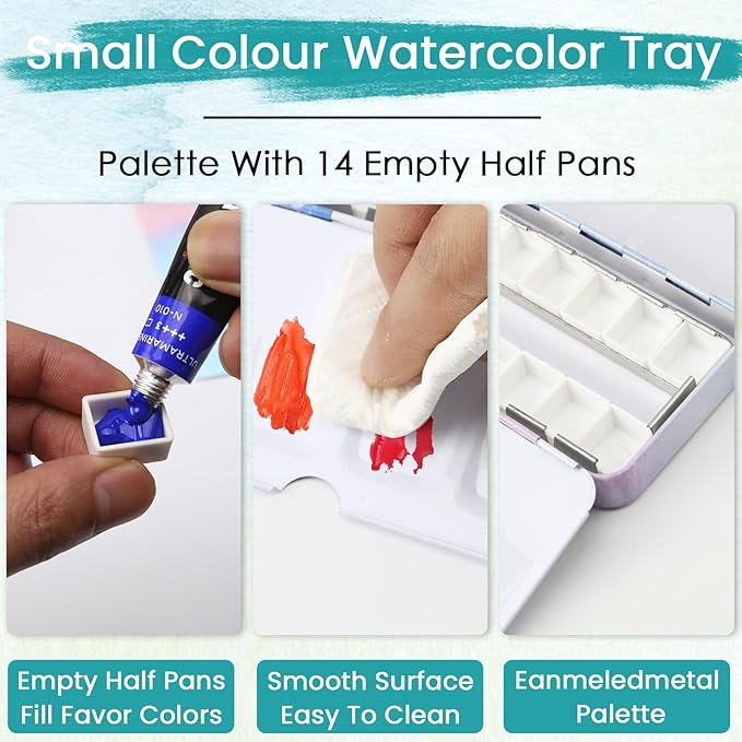 Watercolor Palette Empty with Paint Tray and 14PCS Watercolor Half Pans - Sturdy Empty Watercolor Palette Tin - Customizable Metal Watercolor Palettes
