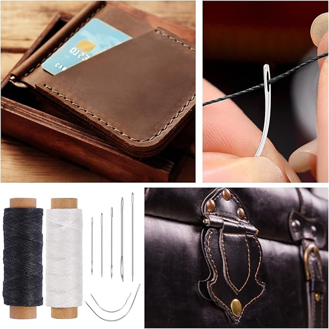 110Yards Waxed Thread with 7 Pcs Leather Needles for Hand Sewing - 150D Flat Waxed Thread - Leather Repair Needles for Upholstery, Canvas Bags, Furniture